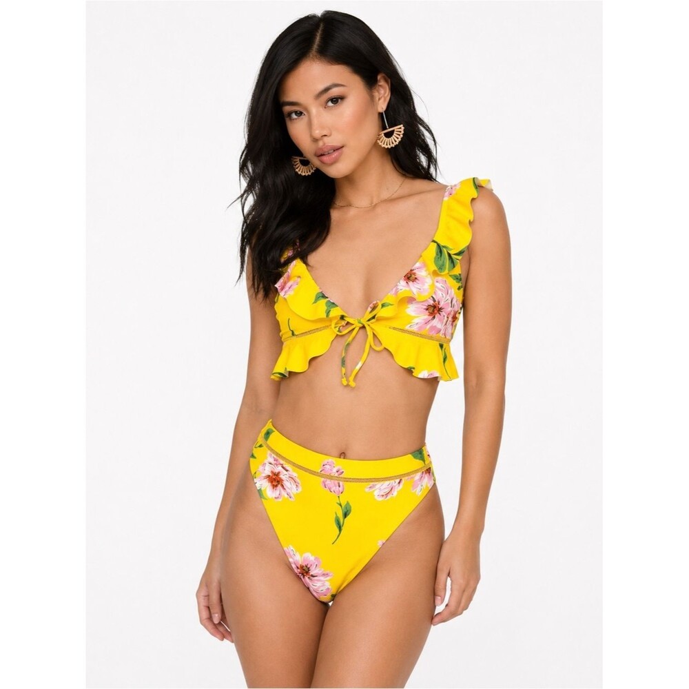 Tobi Yellow Floral Ruffle Bikini Set Women’s Small Tie Front High Cut Boho Pool